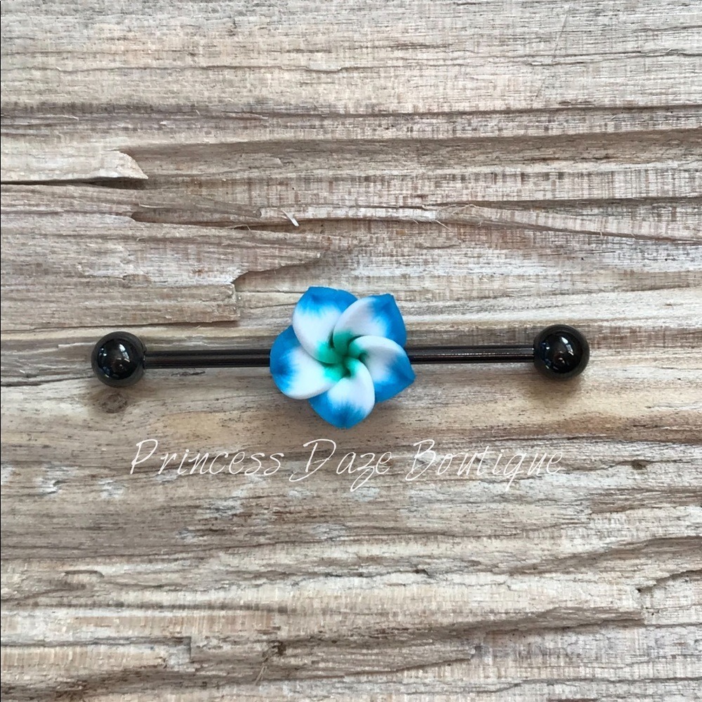 Hawaiian Flower Blue & Green Industrial Barbell Earring‎